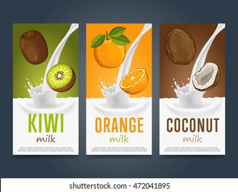 Fruit milkshake. Tropical fruit mix sweet milkshake dessert cocktail with kiwi, orange, coconut. Cover, poster or flyer set for fresh food beverage refreshment product vector illustration design
