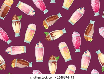 Fruit milkshakes on a purple background. Summer print, cocktails and drinks. Seamless pattern