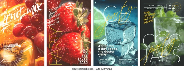 Fruit mix. Fruit cocktail, ice, lime, mint, orange. Juicy tropical background. Close up. Set of vector posters.Typography design and vectorized illustrations on the background.