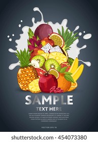 Fruit mix composition in milk splash vector illustration