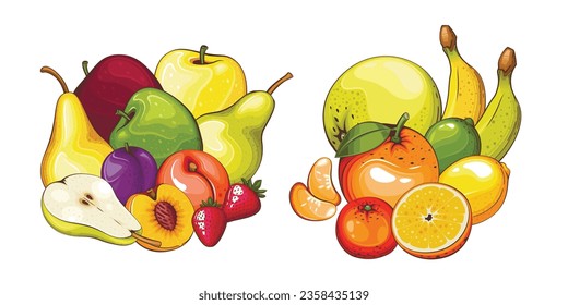 Fruit mix isolated vector illustration. Fruits colorful illustrations isolated on white background.  Fruit collection