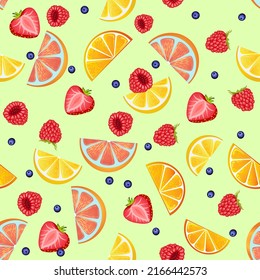 Fruit mix of orange, lemon, grapefruit slices, strawberry, blueberry and raspberry. Seamless pattern