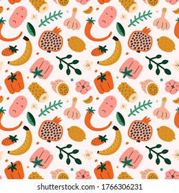 Fruit mix pattern, summer sweet food background, seamless vector texture, pomegranate, lemon and tropical fruit, cute doodle drawing, bright fashion print, modern trendy colorful backdrop