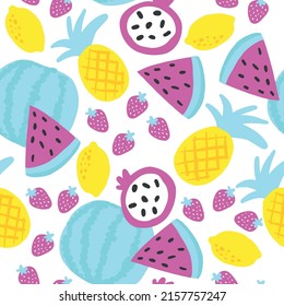 Fruit mix pattern, summer sweet food background, seamless vector texture, pomegranate, lemon and tropical fruit, cute doodle drawing, bright fashion print, modern trendy colorful backdrop