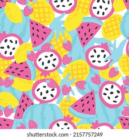 Fruit mix pattern, summer sweet food background, seamless vector texture, pomegranate, lemon and tropical fruit, cute doodle drawing, bright fashion print, modern trendy colorful backdrop