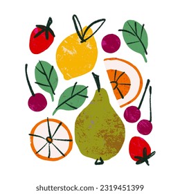 Fruit mix pattern, summer sweet food background, seamless vector texture. Fruit background. Set with hand drawn colorful doodle fruits. Sketch style vector collection.