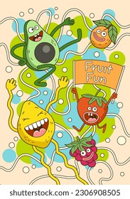 Fruit mix poster. Abstract doodle design with crazy fruit characters. Juice packaging with funny lemon, strawberry, avocado, grape and orange. Image for label. Cartoon flat vector illustration