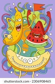 Fruit mix poster. Colorful doodle cover with crazy smiling banana, watermelon and melon character. Abstract design for fruit juice packaging. Image for marketing. Cartoon flat vector illustration