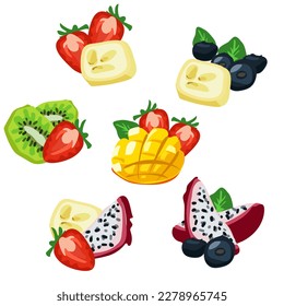 Fruit mix set. Vector illustration of banners with various tropical fruits highlighted on a white background. Fresh fruits in the selection of a taste mix in a cartoon flat style