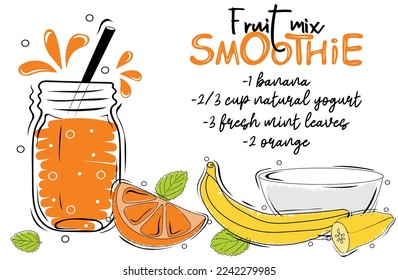 La fruta mezcla una receta lisa con una ilustración de los ingredientes. Afiche de comida saludable. Concepto dietético descompuesto. Ilustración del vector