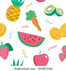 Fruit mix and vegetables seamless pattern on white background. watermelon, pineapple, orange, strawberries, carrot. design for fabric and decor.