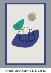 Fruit modern wall art vector illustration with stain elements. Grape art drawing with abstract brush strokes. Minimalist abstract art background for print, cover, wallpaper, decoration.