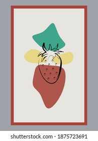Fruta moderna de arte mural ilustración vectorial con elementos de mancha. Dibujo artístico de fresa con trazos abstractos de pincel. Fondo de arte abstracto minimalista para impresión, portada, papel pintado, decoración.
