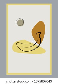 Fruit modern wall art vector illustration with stain elements. Banana art drawing with abstract brush strokes. Minimalist abstract art background for print, cover, wallpaper, decoration.