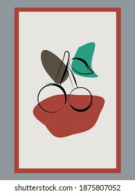 Fruta moderna de arte mural ilustración vectorial con elementos de mancha. Dibujo de arte cereza con pinceladas abstractas. Fondo de arte abstracto minimalista para impresión, portada, papel pintado, decoración.