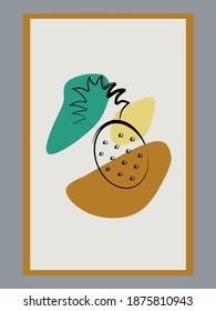 Fruit modern wall art vector illustration with stain elements. Pineapple art drawing with abstract brush strokes. Minimalist abstract art background for print, cover, wallpaper, decoration.