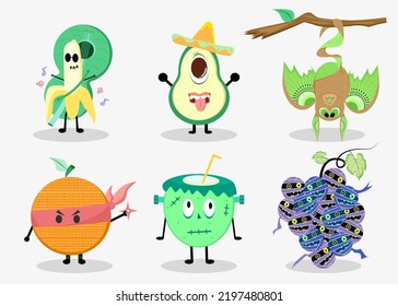 Monstruos frutales con banana, aguacate, kiwi, naranja, coco y uvas vectoriales aislados en fondo blanco para halloween.