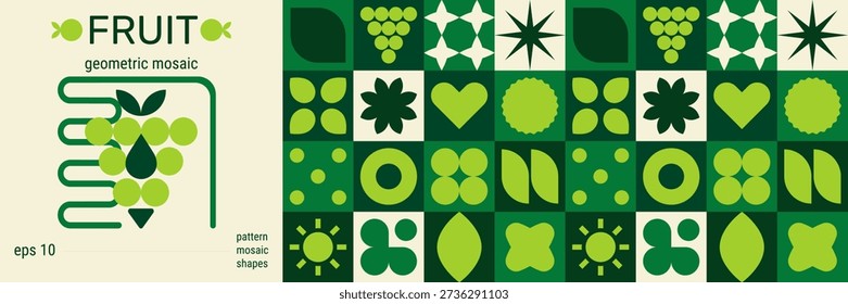 Fruit mosaic background featuring geometric grape and vine leaf shapes. Wallpaper for a restaurant or dining area with a geometric fruit mosaic.