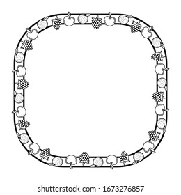 fruit motif frame, text border or banner with a white isolated flat design.