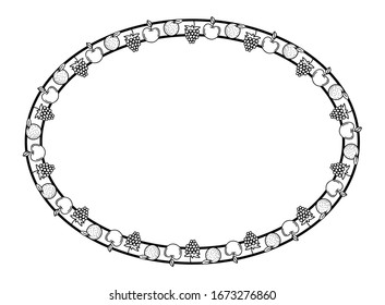 fruit motif frame, text border or banner with a white isolated flat design.