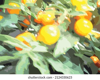 Fruit motif in orange-green tones for backgrounds and textures. Tangerine tree for fashion trends, wallpaper, postcards, fabric products, posters, textiles, interior solutions, covers, etc.