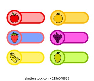 Diseño vectorial de etiqueta de nombre de fruta. Nombre y dirección de la nota, etiqueta, etiquetas de la escuela de pegatinas Etiquetas de nombre, pegatinas, cuadernos