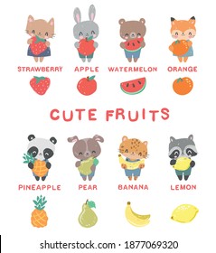 Fruit Names for Children, Toddlers vector illustration, cute animals hold fruit in their paws. Strawberry, apple, watermelon, pineapple, pear, banana, lemon, orange