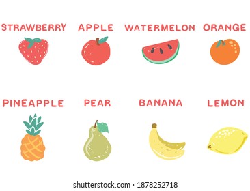 Fruit Names for Children, Toddlers vector illustration Strawberry, apple, watermelon, pineapple, pear, banana, lemon, orange