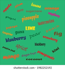 Nombres de frutas en un fondo verde oscuro, arte vectorial