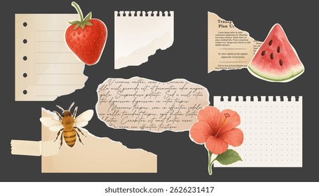 Fruit and nature themed paper sticker set on dark background