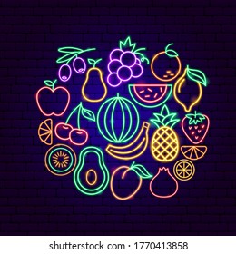 Fruit Neon Concept. Vector Illustration of Healthy Food Promotion.