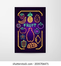 Fruit Neon Flyer. Vector Illustration of Tropical Promotion.