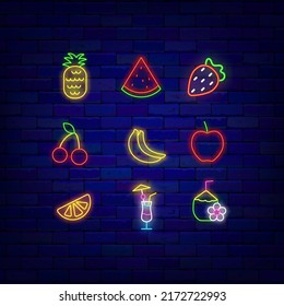 Fruit neon icons collection. Summer cocktail and coconut. Healthy eating store. Watermelon and banana. Shiny promotion. Glowing effect banner. Editable stroke. Vector illustration