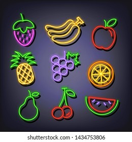 fruit neon icons, vector neon glow on dark background