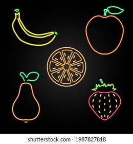 Fruit neon sign set, modern glowing banner design, colorful trend of modern design on black background. Vector illustration.