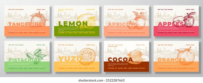 Conjunto de Plantillas de etiquetas de alimentos de frutas y nueces. Colección Abstractas de diseños de empaquetado de Vector. Anuncio de tipografía moderna con fondo de cítricos dibujados a mano y paisaje rural. Aislado