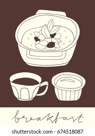 Fruit and nuts oatmeal bowl with honey and cup of coffee. Hand drawn breakfast stylized illustration. Morning menu