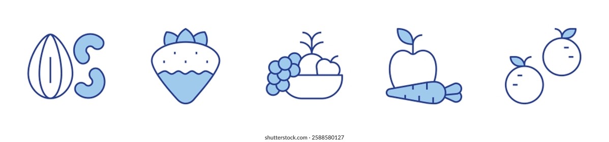 fruit, nuts, orange, strawberry. Fruits Icon vector illustration. Line Duotone style. Editable stroke.
