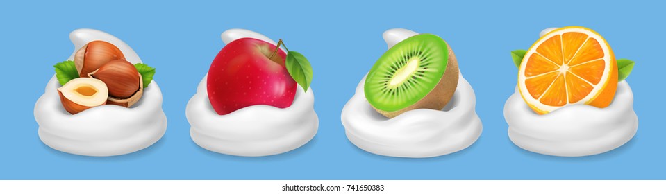 Fruit nuts in yogurt. Hazelnuts, kiwifruit, red apple, orange realistic vector icon