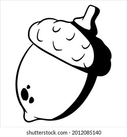 The fruit of the oak is edible. An acorn with a hat and a twig. Line style. Vector illustration for design and decoration.