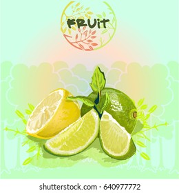 Fruit on the background of the garden, lemon, lime. Vegetarian food, vitamins. Vector illustration