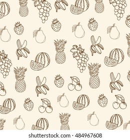 fruit on a beige background: a pineapple, grapes, cherry, pear, banana, strawberry