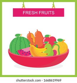 Fruit  On The Bowl Vector Illustration. With Flat Design, Such Us Papaya, Apple, Avocado, Etc