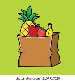 Fruit On Grocery Bag Cartoon Vector Icon Illustration. Food Nature Icon Concept Isolated Premium Vector. Flat Cartoon Style