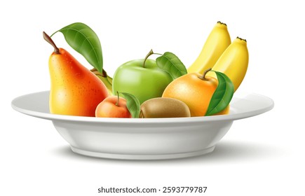 Fruit on plate. Realistic food. Green apple and ripe pear. Fresh tropical orange. Whole kiwi. Sweet banana. 3D ceramic bowl. Summer peach with leaf. Summer dessert