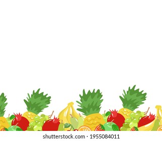 Fruit on a white background. Pineapple, pomegranate, pear, apple, banana, strawberry, orange. Vector illustration.