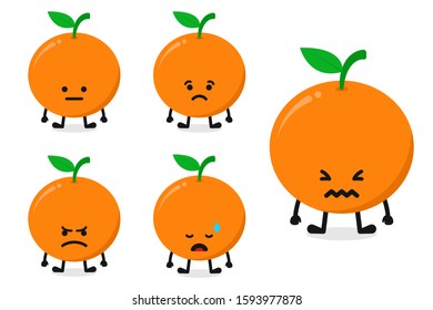 Fruit orange character vector illustration set for sad expression. Isolated from the the white background.