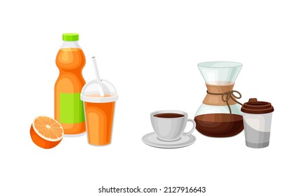 Fruit Orange Juice in Bottle and Brewed Coffee in Cup Vector Set