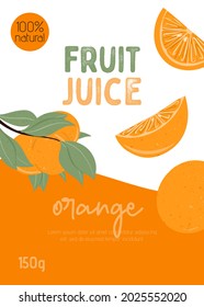 Fruit orange juice packaging design. Orange fruits on branch with leaves vector hand drawn illustration. Orange slices, half mandarin. Tangerine, vitamin, tasty and juicy fruits for farm market.