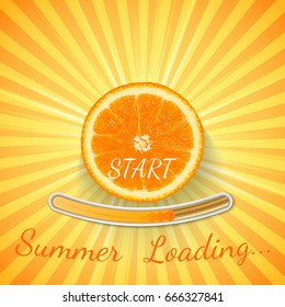 Fruit Orange. Summer loading bar orange background with sun rays and sun flash. Vector